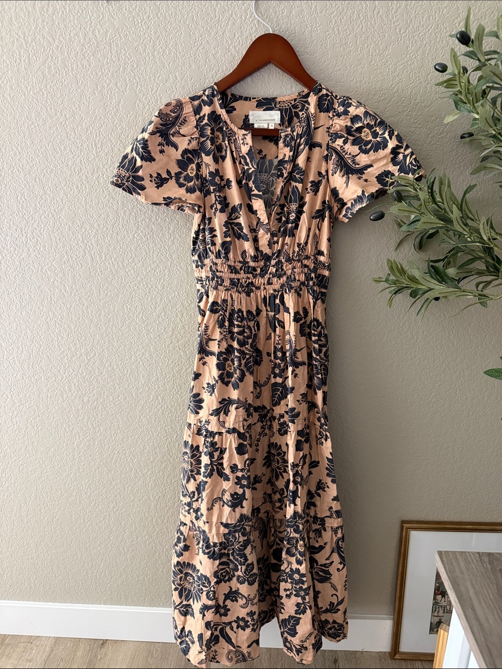 Anthropologie Floral Smocked Waist Maxi Dress Peach Navy XS
